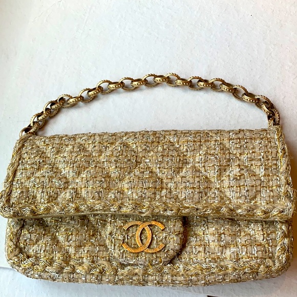 CHANEL 💛 Quilted Tweed Metallic Gold Camel Tan Byzantine Rope Chain Handle Bag - Picture 16 of 16